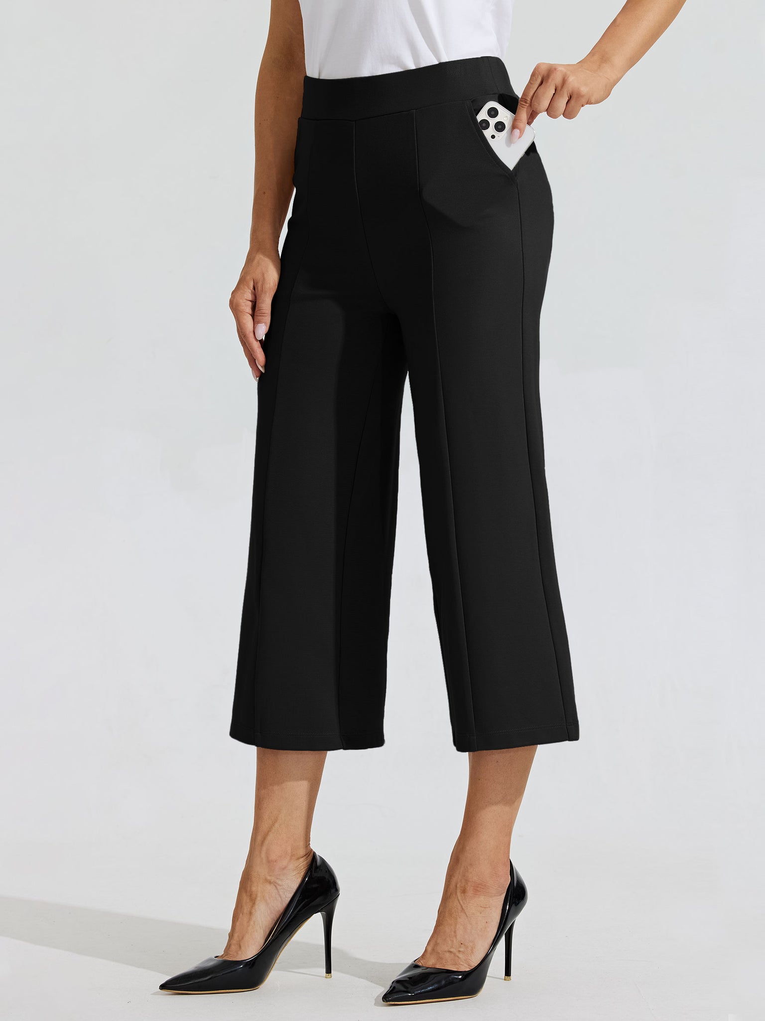 Women's Stretch Capri Wide-Leg Dress Pants_Black_model2