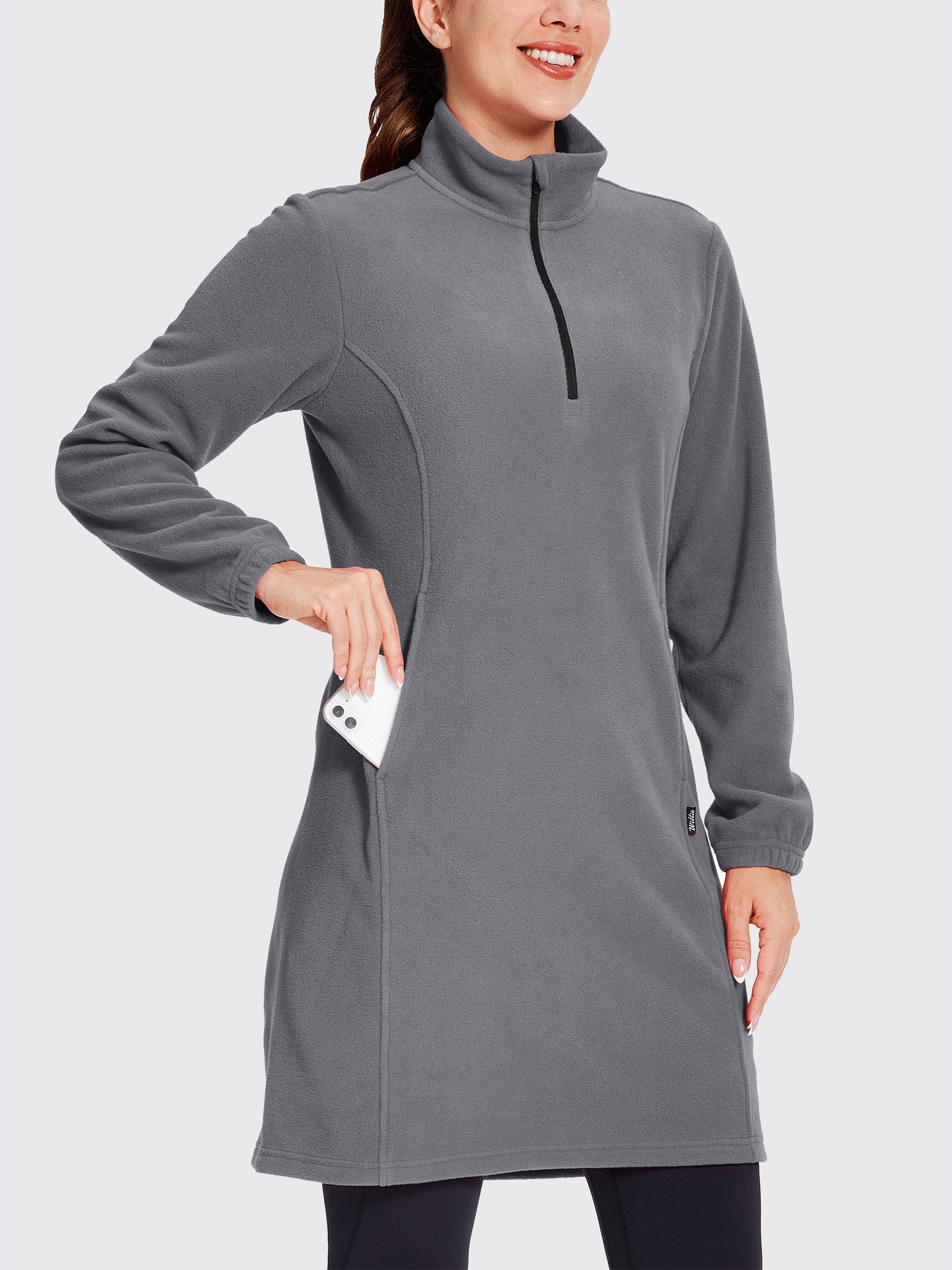 Women's Fleece Long-Sleeve Turtleneck Dress DeepGray2